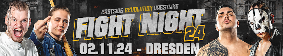 Ankündigungsbanner für Eastside Revolution Wrestling Fight Night 2024 mit 591, Jessy Jay, Ronaldo Shaqiri und Shadow